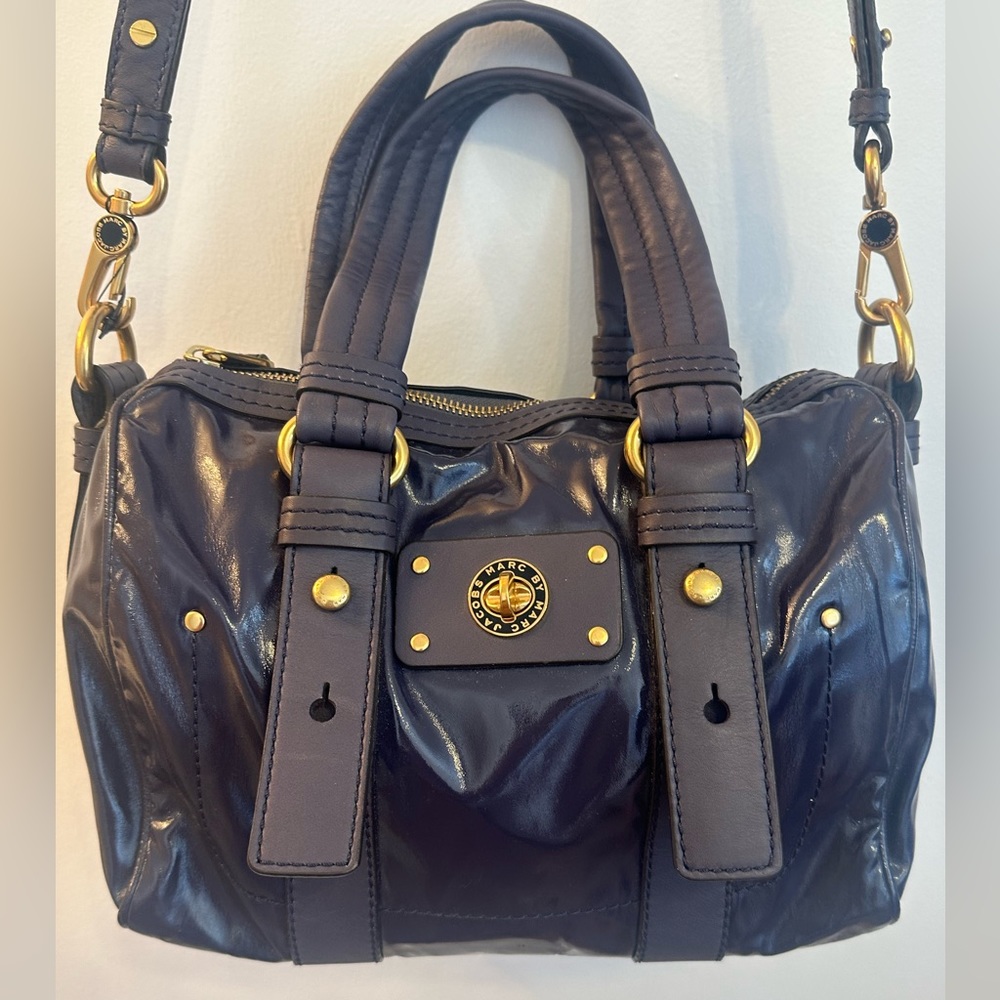 Marc by Marc Jacobs patent leather indigo satchel with removable side strap